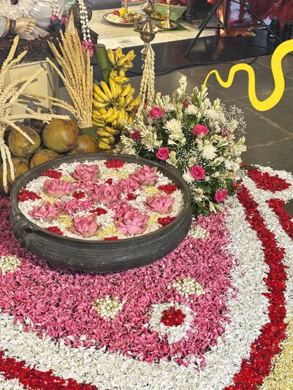 A beautiful floral arrangement for Onam, with a simple yellow doodle to add a little extra sunshine.