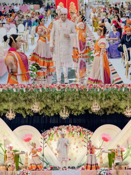 A grand groom entry, complete with dancers, leading to a stunning floral stage. We ensure every moment of your wedding is spectacular.