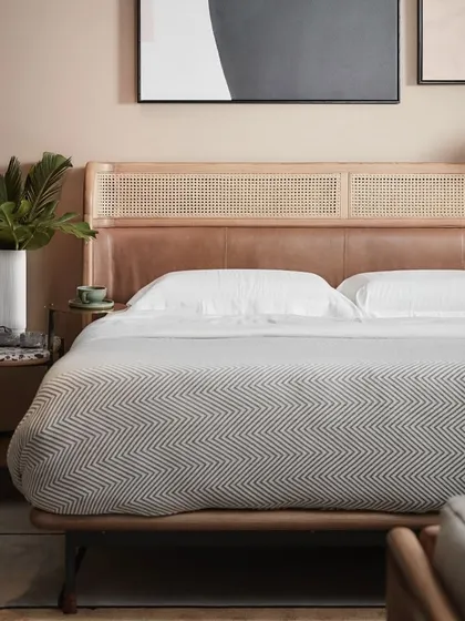 The Tierra Bed, with its distinctive rattan and leather headboard, provides a warm, natural focal point in this bedroom. It’s a piece that invites you to create a cozy oasis filled with style and comfort.