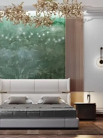 This artistic bedroom design features a dramatic, custom-painted green accent wall that resembles a natural stone pattern. The elegant furniture and unique chandelier complete this one-of-a-kind space.