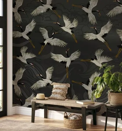This entryway is made more elegant and inviting with our Japanese Flying Cranes wallpaper. The design offers a graceful welcome and sets a sophisticated tone for the home.