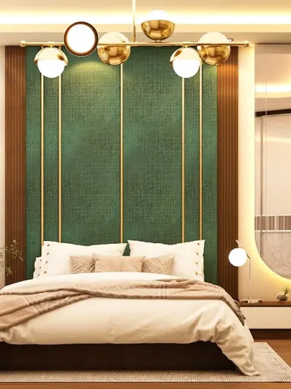 A bold and beautiful master bedroom design. The deep green, floor-to-ceiling upholstered headboard with vertical gold accents creates a sense of height and luxury, perfectly paired with modern globe pendant lights.