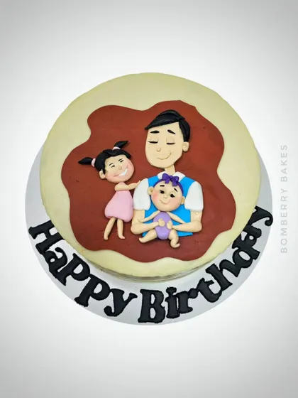 A cake for "Papa," featuring a 2D fondant illustration of a father with his two daughters.