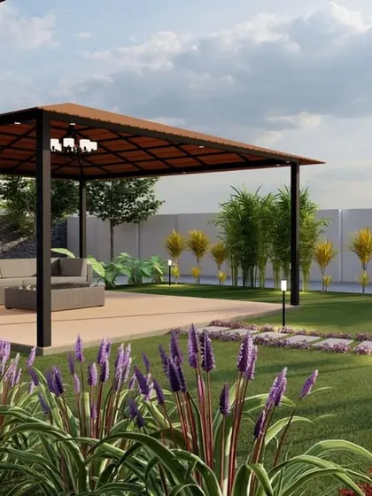 A 3D visualization of a backyard paradise, featuring a Mangalore tile gazebo, a lush lawn with a winding stone path, and vibrant flower beds for a complete landscape design.