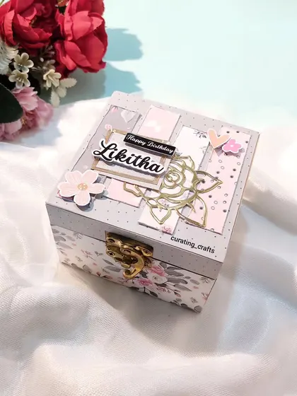 A beautiful wooden box customized for a best friend's birthday, ready to hold a mini scrapbook.