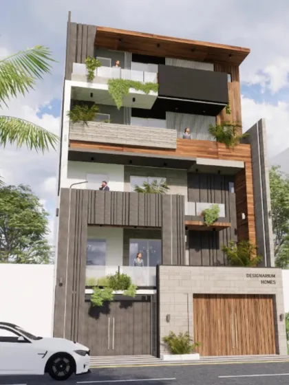 A residential facade concept where layers and voids are juxtaposed to create a balanced and intriguing face. The design uses a combination of textured grey panels, wood accents, and stone cladding for a sophisticated, modern look.