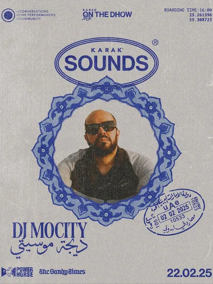 The event poster for 'Karak on the Dhow' in Dubai. This passport-style design reflects my identity as a traveling, international DJ.