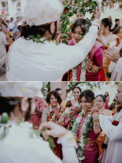 A diptych of the 'varmala' or garland exchange, a joyful and significant ritual in an Indian wedding.