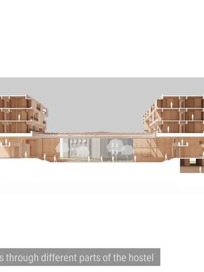 Another view of the sectional model, showing the double-height spaces and visual links across the courtyard.