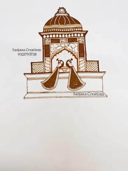 Step-by-step creation of a bridal start-up design featuring a royal dome and peacocks.
