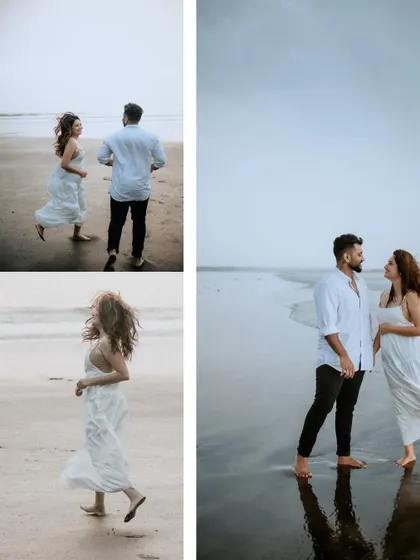 A collage of moody, romantic moments on a cloudy day at the beach. The couple's white outfits stand out against the grey sky, creating a soft and dreamy aesthetic.