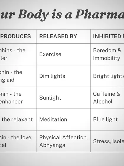 Our bodies have an incredible, innate wisdom. This chart is a simple reminder of how things like exercise, meditation, and even sunlight can help us produce our own "feel-good" chemicals. It all starts with creating a more balanced lifestyle.