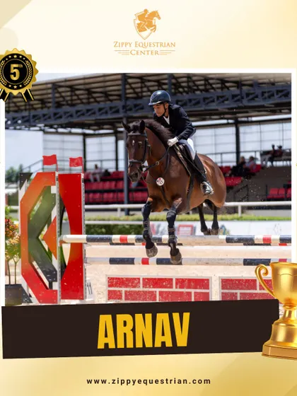 An action shot celebrating Arnav's fifth-place finish at the Surge Equestrian League. Every competition is a valuable learning experience.