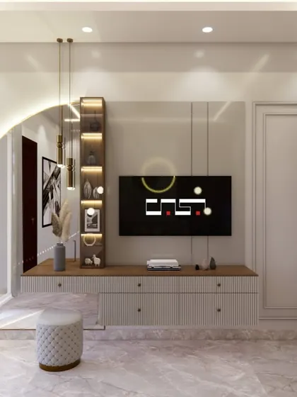 A 3D visualization of a bedroom entertainment and vanity area, featuring a floating console, an arched mirror, and integrated shelving with accent lighting.