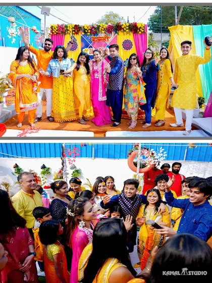 Group photos from a Haldi ceremony, capturing the couple celebrating with their friends and family.