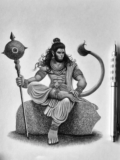 A full-body sketch of Lord Hanuman seated on a rock, holding his mace (gada). I used fine pencil work to define his muscular form and contemplative posture.