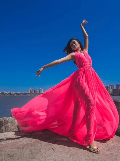 A full-body shot showing the scale and drama of the self-stitched gown. This is what I mean by 'Main Character Energy'.