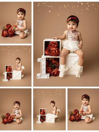 A collage showcasing the variety of a first birthday session. From sitting pretty to exploring the props, we capture all the adorable moments of this special milestone.