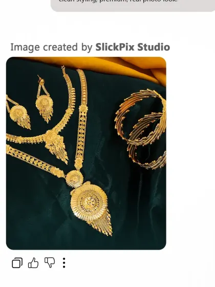 This flatlay of a traditional gold jewelry set against a deep green silk cloth creates a look of royal elegance. The composition beautifully displays the necklace, earrings, and bangles together.