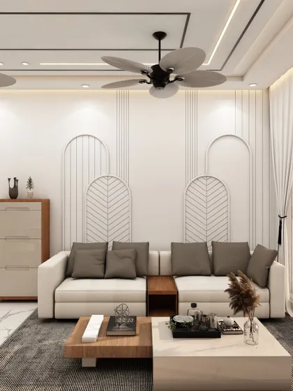 This living room design features a neutral palette with clean lines and arched wall details, creating a calm and sophisticated atmosphere. The layout is optimized for conversation and comfort.