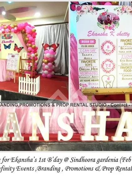 A trending butterfly theme that creates an elegant look for any party. This first birthday at Sindhoora Gardenia features a pink balloon arch, a draped backdrop, and butterfly accents for a beautiful and sophisticated celebration.