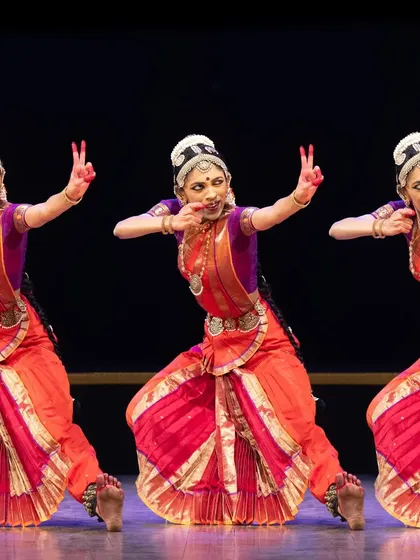 A composite image showing the playful energy of the gopas in 'Abhilasha'. The repetition of the figure creates a sense of movement and celebration.