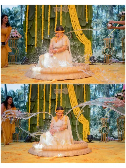 A dynamic collage showing water being splashed on the bride during a fun moment in her Haldi ceremony.