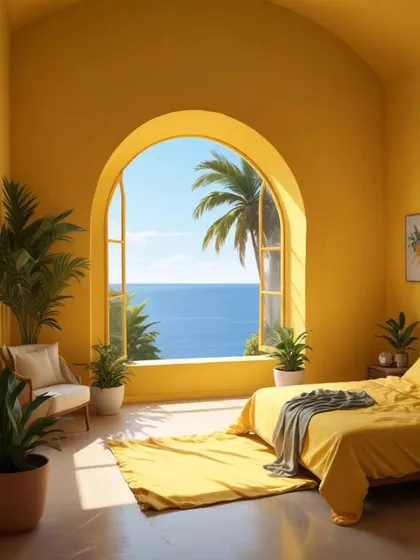 This bedroom brings the Mediterranean vibe to life with its sun-drenched yellow walls and a large arched window framing a stunning sea view. Natural light and lush green plants make the space feel bright, breezy, and blissfully relaxed.