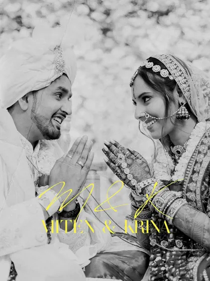 A playful black and white portrait of Miten and Krina, capturing their happy and lighthearted connection during their wedding day.