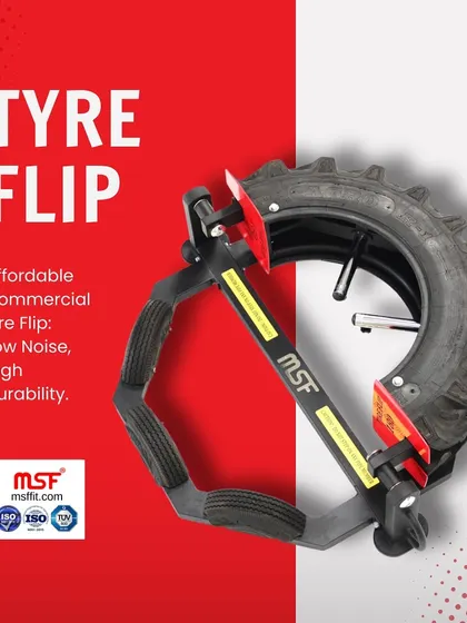 A promotional graphic for our Tyre Flip machine, noting its low noise and high durability for commercial use.
