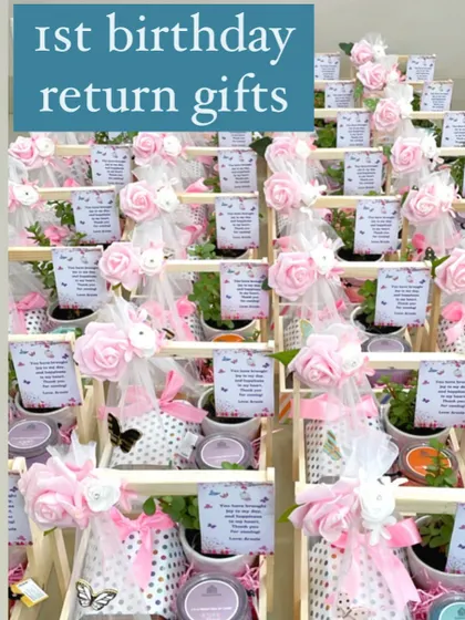 A full display of the first birthday return gifts, beautifully arranged and ready to delight the party guests.
