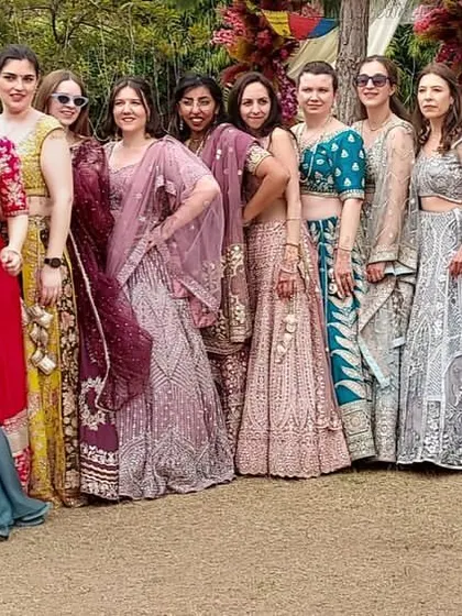 What a beautiful wedding! All the guests came dressed in trendy lehengas rented from my store. It's so wonderful to see my international clients embracing Indian wear.