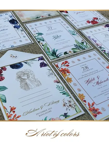 A playful symphony of colors, florals, and motifs. This suite features a different floral border for each event card, creating a vibrant and joyful collection.