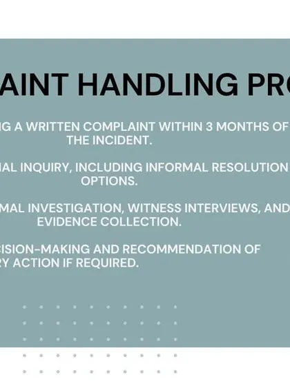 This infographic details the step-by-step complaint handling process that the IC must follow. It covers the timeline for filing a complaint, the initial inquiry, formal investigation, and the final decision-making process.