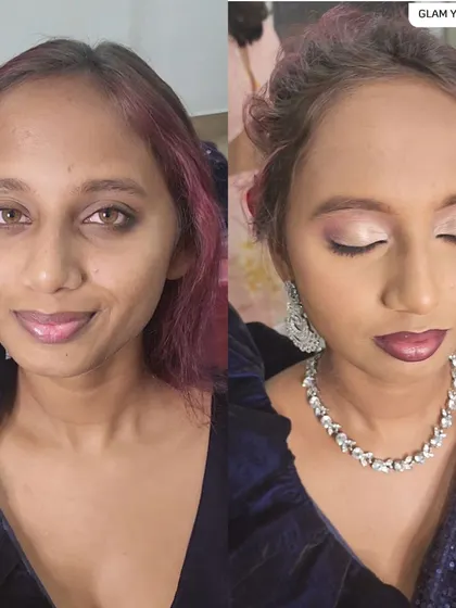 Here is a side-by-side comparison showing a classic glamour transformation. The final look features an ombre lip and soft smokey eyes, proving you don't need filters to achieve a stunning result.