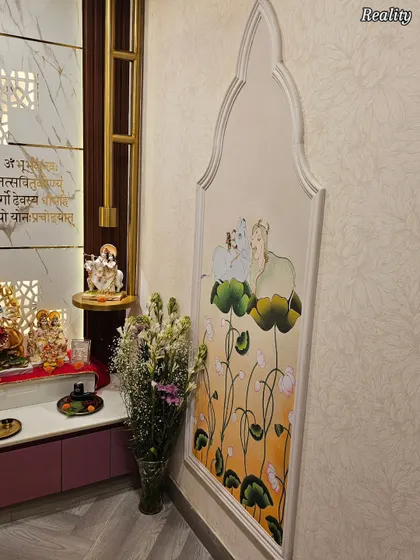 A close-up of the hand-painted pichwai-style art panel, which adds a traditional and artistic touch to the modern mandir design.