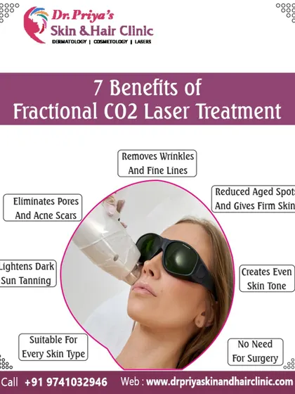 This infographic details the benefits of Fractional CO2 laser treatment. It is a versatile procedure that removes wrinkles, eliminates acne scars, lightens sun tanning, and creates an even skin tone without the need for surgery.