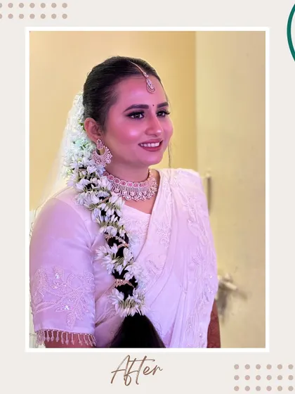 A closer look at the smile of a happy bride. The makeup is designed to be comfortable and long-wearing, ensuring she feels confident and beautiful throughout her wedding events.