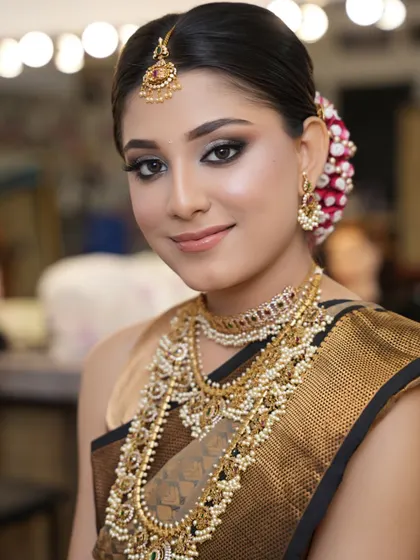 A close up of the eye makeup for this South Indian bride. I used a soft smokey effect with a sharp liner to create a captivating and elegant look.