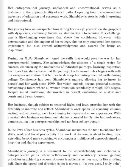 The second page of my story in "The Entrepreneurs of India," detailing my journey of overcoming dysphemia and finding my purpose in healing and entrepreneurship.