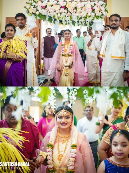 A collage showing the bride's happy procession as she walks towards the mandap.