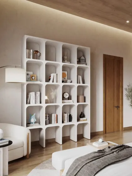 This bedroom project features a warm, minimalist design with natural wood tones and a focus on functionality. The renders highlight the clean lines of the furniture, a stylish bookshelf, and a calm, uncluttered aesthetic.