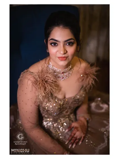 A beautiful portrait of Reshma for her cocktail party. Her makeup is polished and elegant, with a focus on flawless skin and defined eyes.