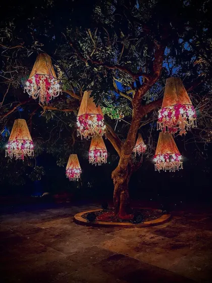 Whimsical lampshades decorated with crystals and flowers hang from a tree, transforming it into a fairytale-like installation.