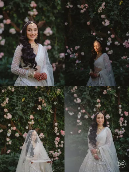 More beautiful portraits of the bride against a wall of pink roses, playing with sunlight and shadows to create different moods.