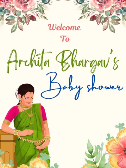 A personalized welcome board for a baby shower. The design uses a beautiful script and floral illustrations to create a warm and inviting sign for the event.
