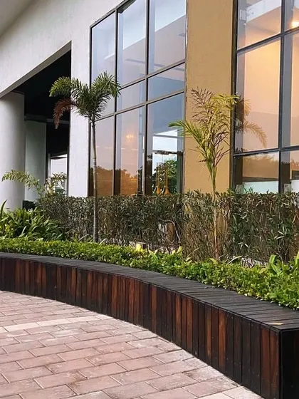 A custom-curved wooden bench provides ample public seating outside a modern commercial building in Gurugram. The bench is built around planters, seamlessly integrating greenery and hardscaping.