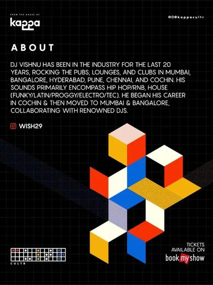 An "About" card from the CULTR festival promotion. It details my 20-year journey, the cities I've played in, and the mix of genres that define my sound, from Hip Hop to various forms of house music.