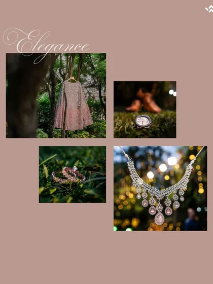 A collage of elegant details from a royal reception, including the bride's dress, jewelry, and watch, all set against a backdrop of lush greenery.