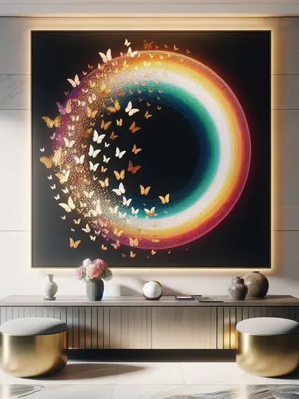 A series of our popular butterfly Enso circle installations. These pieces combine LED backlighting with three-dimensional elements to create a mesmerizing display of light, color, and movement, symbolizing transformation and enlightenment.